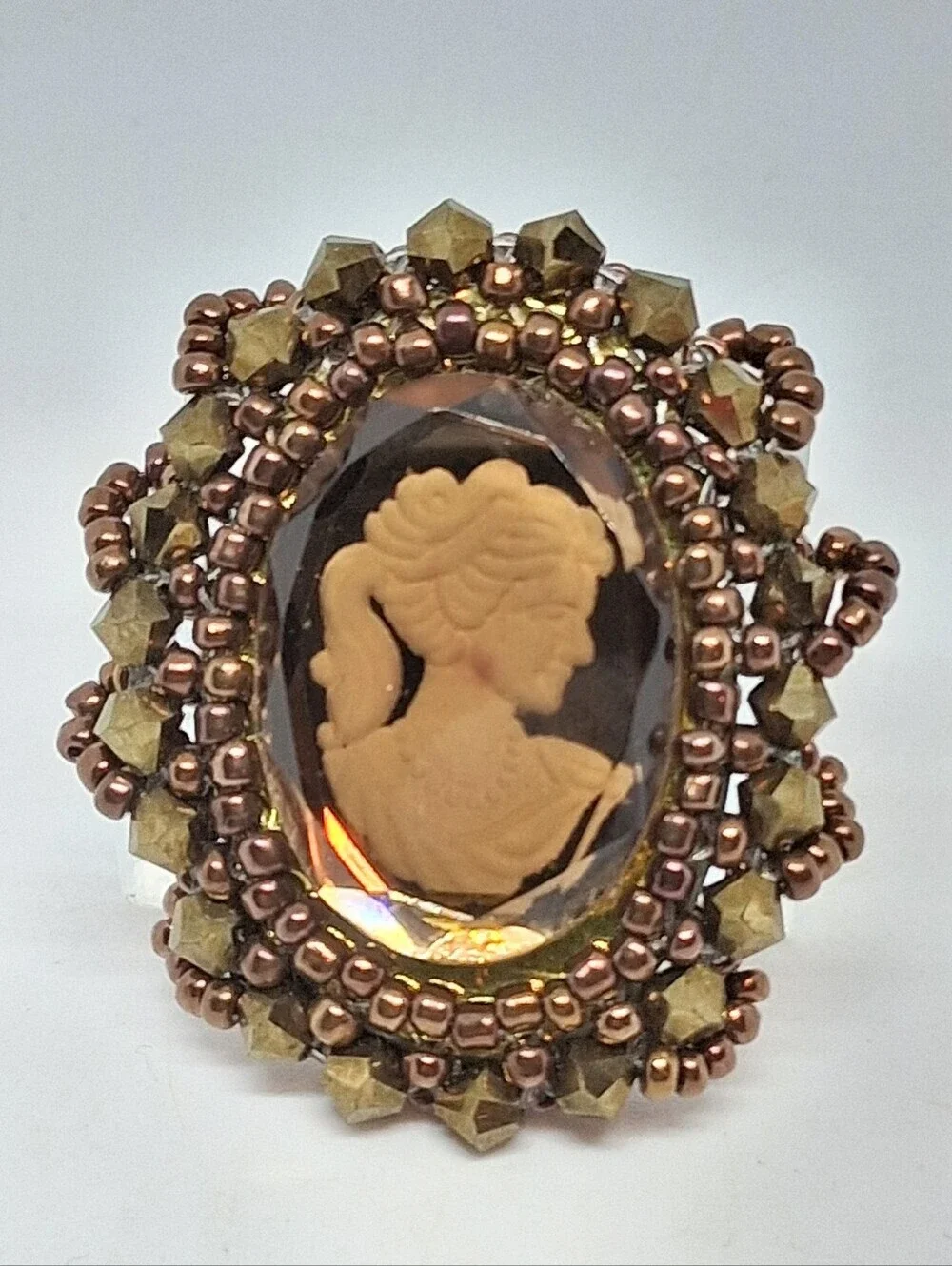* Vintage Amber Glass Hand Beaded Lady Cameo Pin Brooch Unsigned